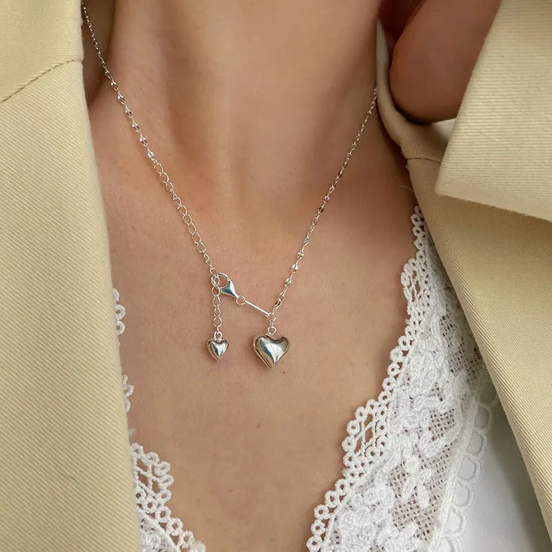 

Real. 925 Sterling silver Chain clavicle necklace Double Heart Pendant Jewelry CXN609Y
