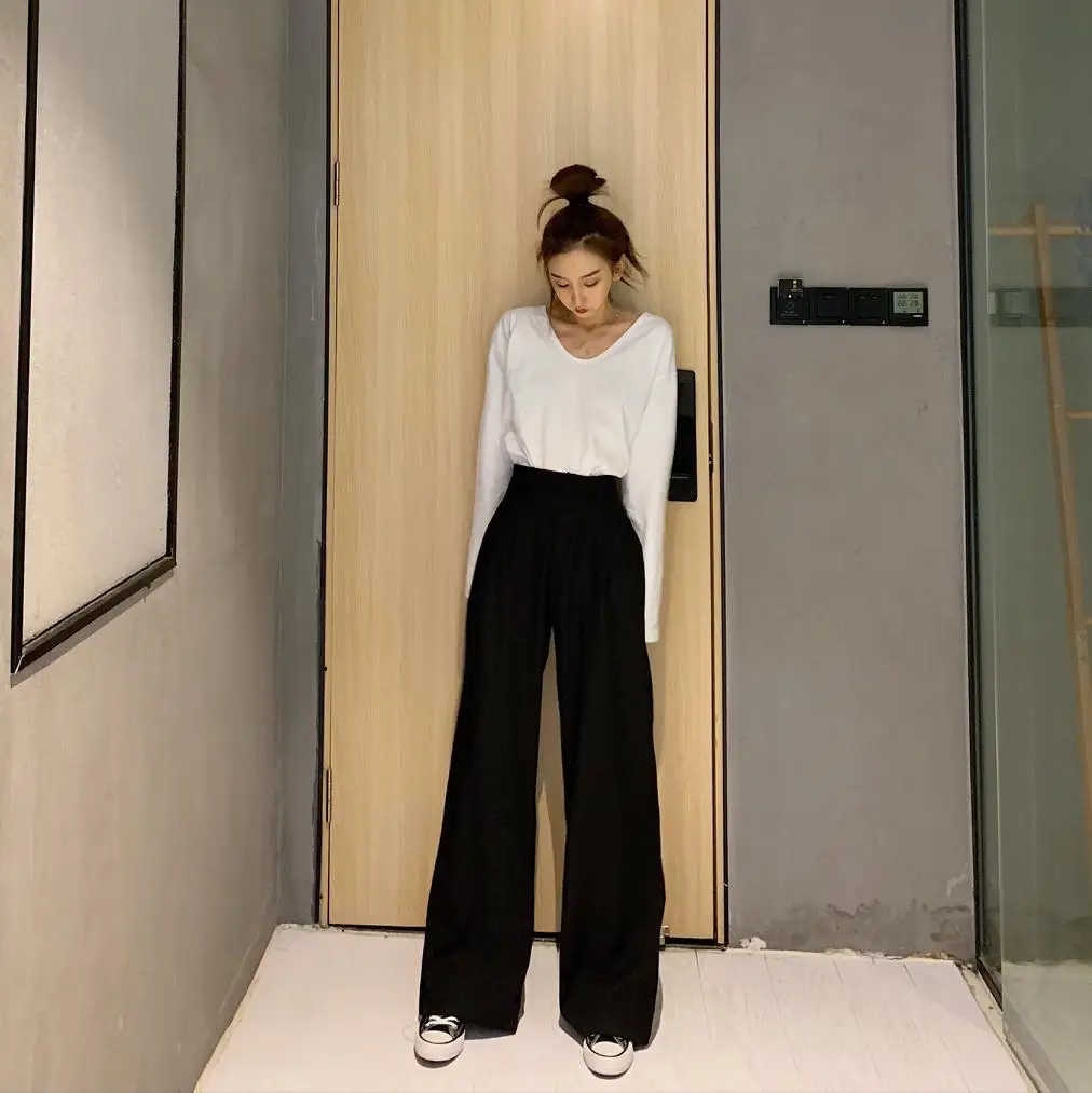 

2021 Retro Solid Color Wild Straight Wide Leg Pants Female Spring New Korean Fashion High Waist Casual Long Pants