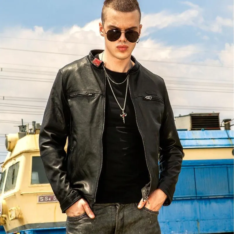 

2020 Black Men Slim Fit Biker's Jacket Plus Size XXXL Genuine Sheepskin Autumn Russian Short Motorcycle Leather Coat