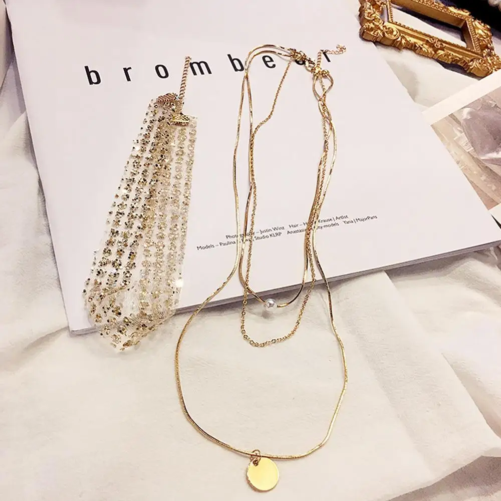 Хит Ins сексуальное колье из чистой пряжи многослойное чокер с жемчугом подвеской