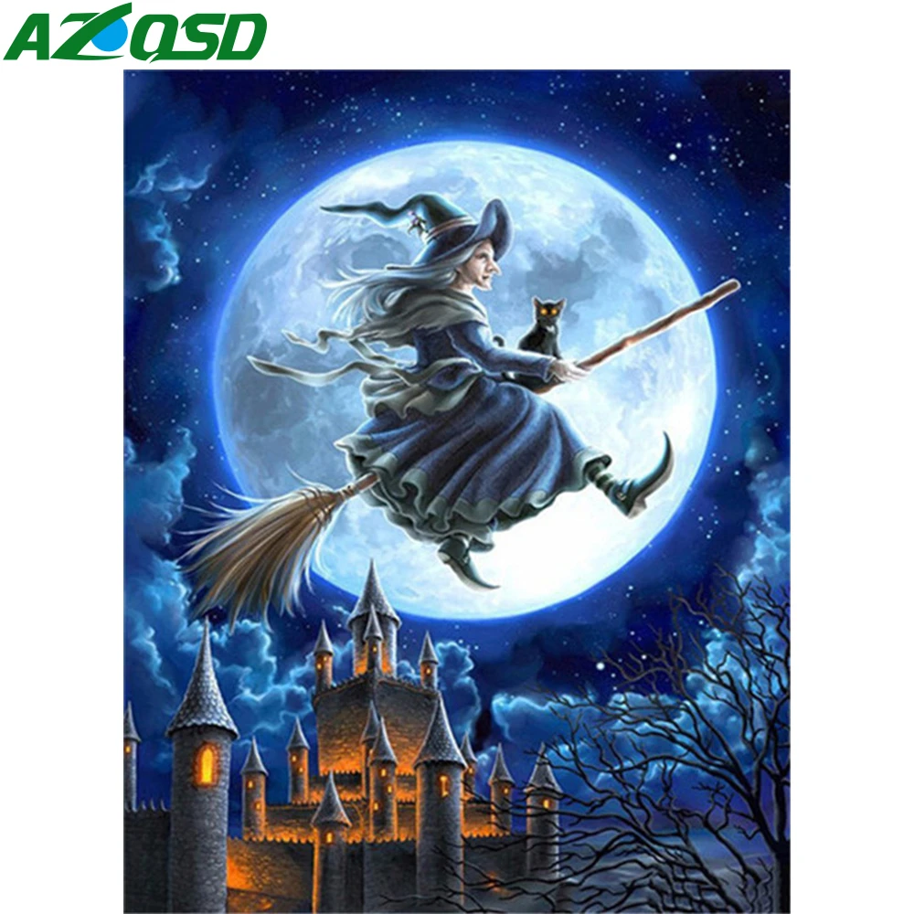 

AZQSD DIY Oil Painting By Numbers Magical Broom Witch Halloween Gift Unframe Coloring By Numbers Canvas Cartoon Decor For Home