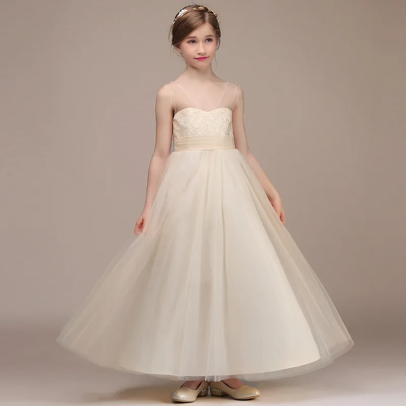 

Детское вечернее платье цвета шампанского для девочек, длинные платья принцессы в цветочек для свадьбы, дня рождения