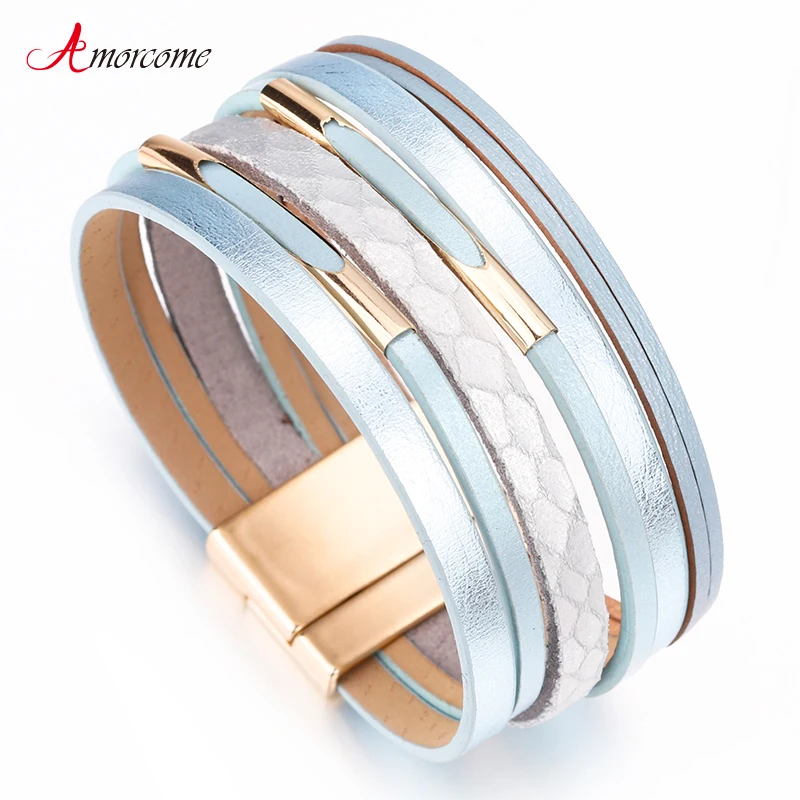 

Amorcome Brass Charm Leather Bracelets for Women Bracelets & Bangles Wide Wrap Boho Multilayer Bracelet Femme Jewelry