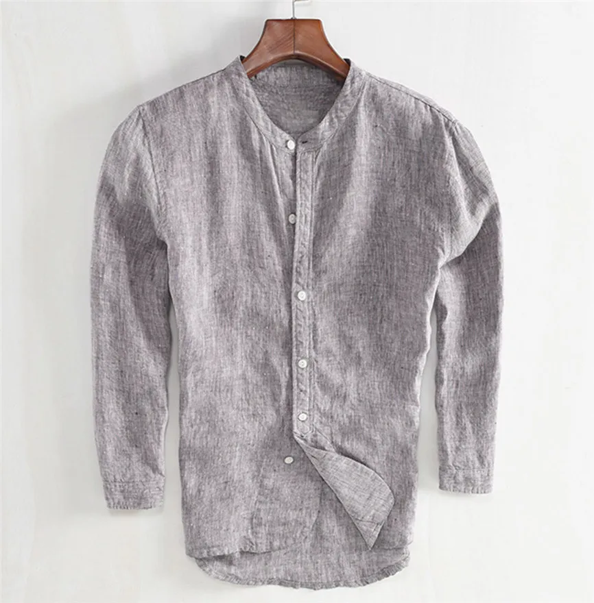 Mandarin Collar Mens Shirts Men Three Quarter Vintage Linen Solid Short Sleeve Retro Tops Blouse Dress Shirt | Мужская одежда