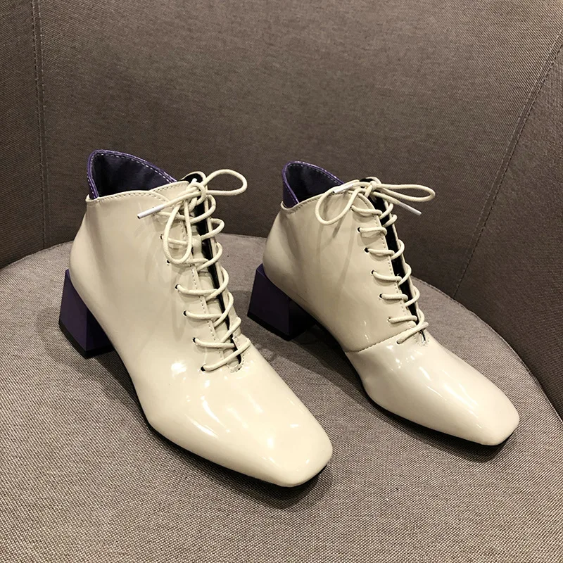 

2020 Spring autumn ankle boots woman shoes pu leather ladies square head boots lace-up ankle boots women's pumps