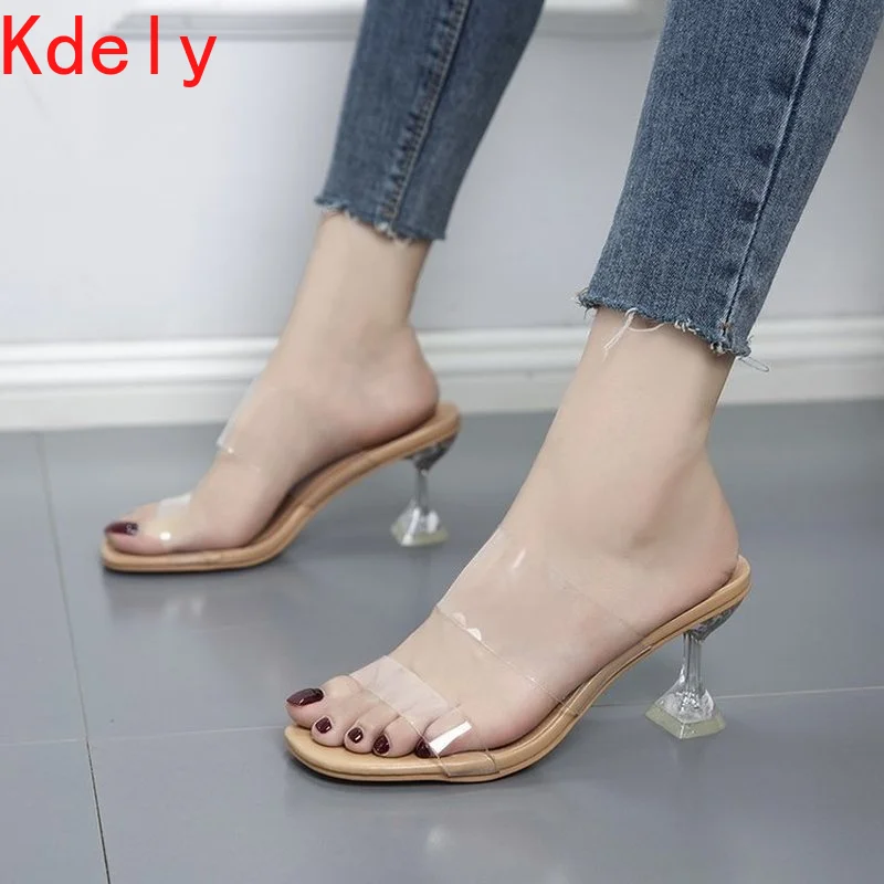 

Новинка 2021, большие женские сандалии с открытым носком, на высоком каблуке, женские прозрачные тапочки из перспекса, прозрачные летние тапо...