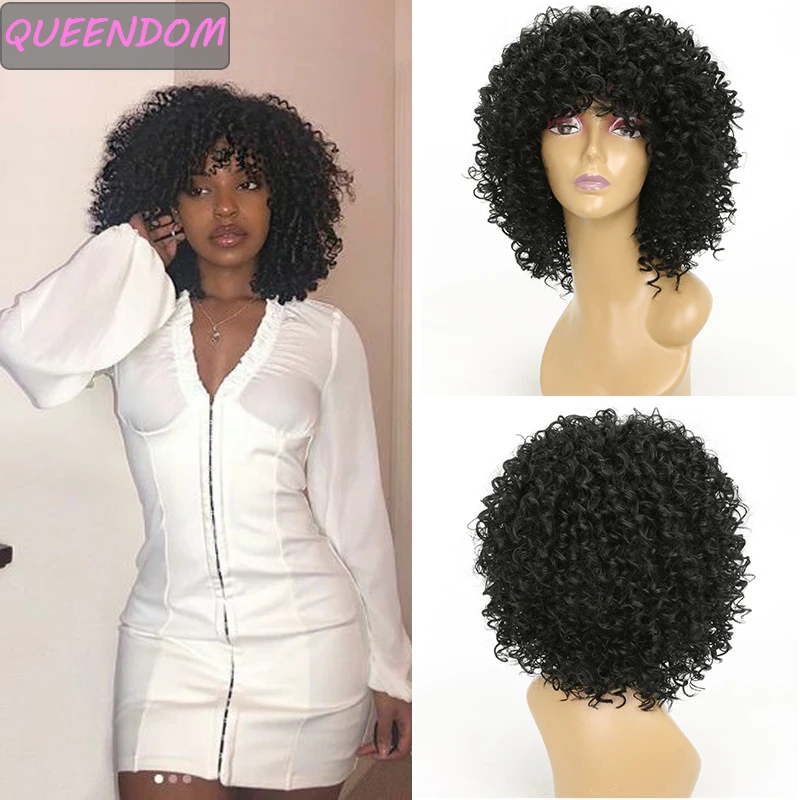 

Afro Curly Wigs with Bangs for African Women Synthetic Long African Female Wave Wig Natural Heat Resistant Kinky Curly fake Wig