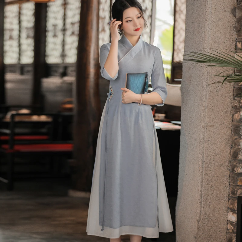

2021 Vintage Ethnic Style Patchwork Women's Dress Embroidery Cheongsam Female Elegant Fake Two Dresses Ladies