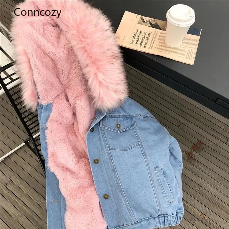 

With Fur Trim Hood Cotton Liner Long Denim Jackets Women Clothing Winter Warm Denim Coats Jackets Plus Size Loose Outwear 2021