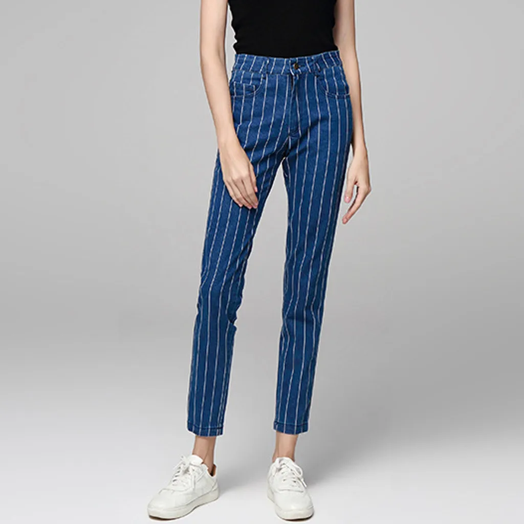 

Fashion Stripe Jeans Womens Stripe Pocket Button Zipper Elastic Slim Fit Jeans Mid Waist jeans woman casual pants 2019 FC