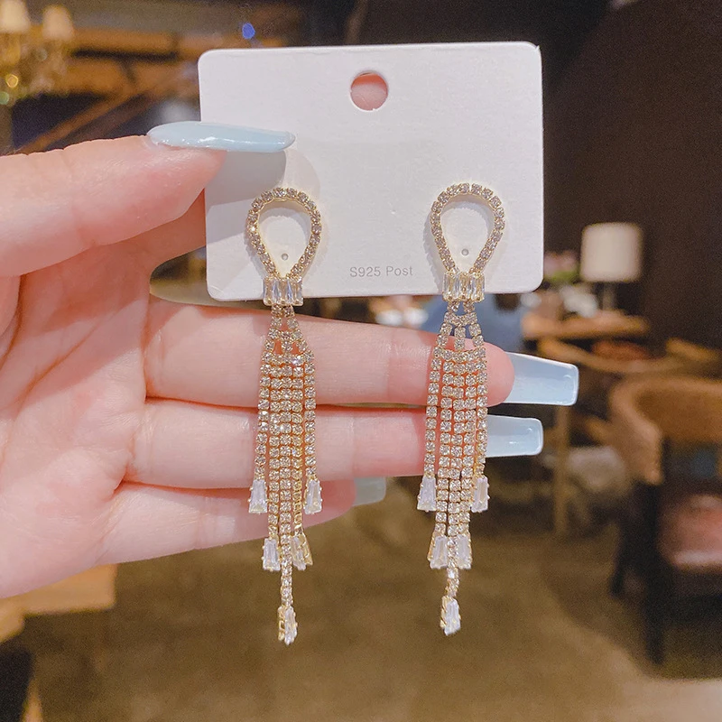 

Модные элегантные серьги из розового золота с кисточками и бриллиантами, женские любимые украшения, висячие серьги с кристаллами и стразам...