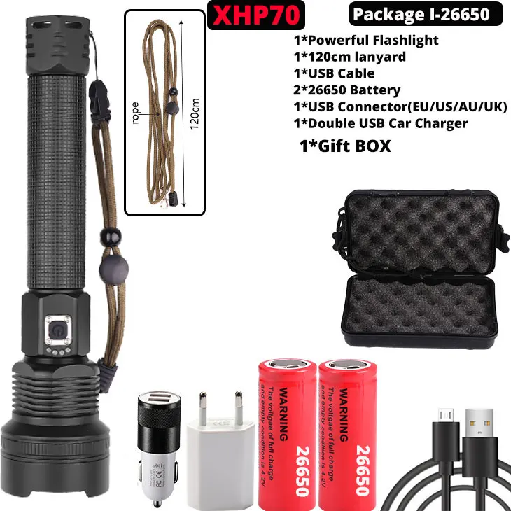 Package I-XHP70 XHP70.2 XHP90 USB Перезаряжаемый светодиодный светильник-вспышка XHP70 мощный фонарь супер водонепроницаемый охотничий светильник с зумом 18650 или 26650 Battey - Испускаемый цвет: Package I-XHP70