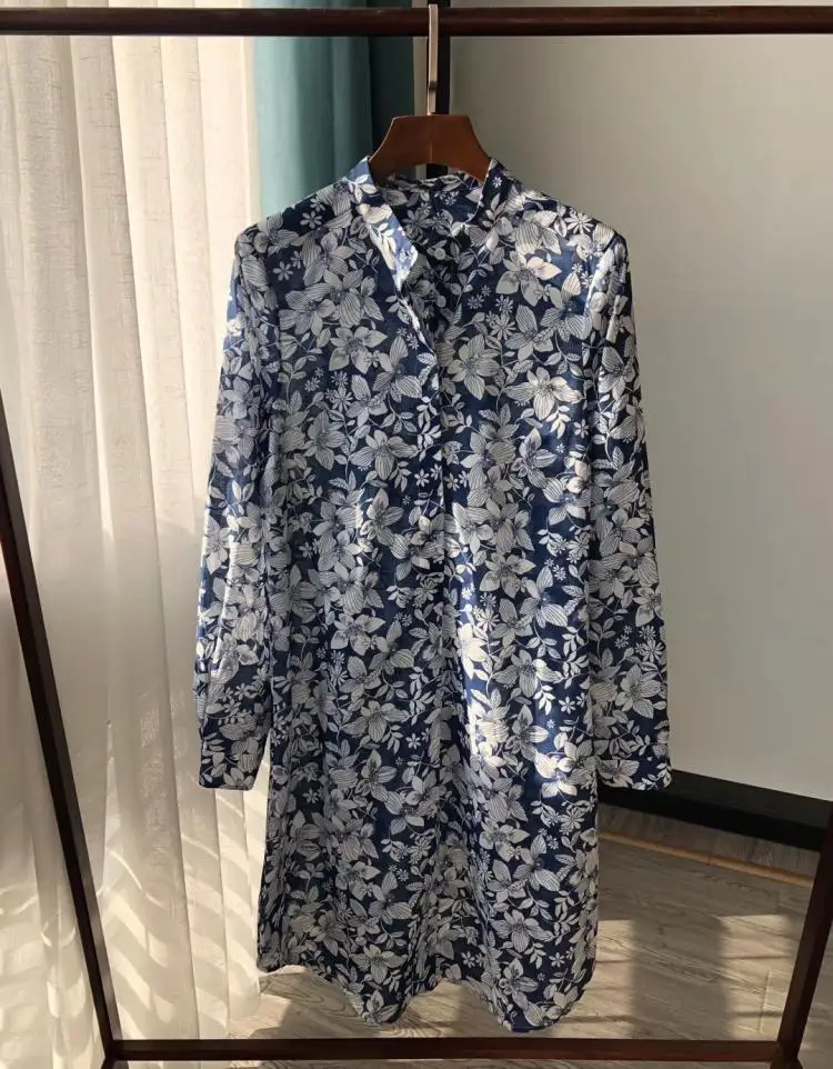 Летнее платье из 100% хлопка с синим принтом для женщин элегантное свободное