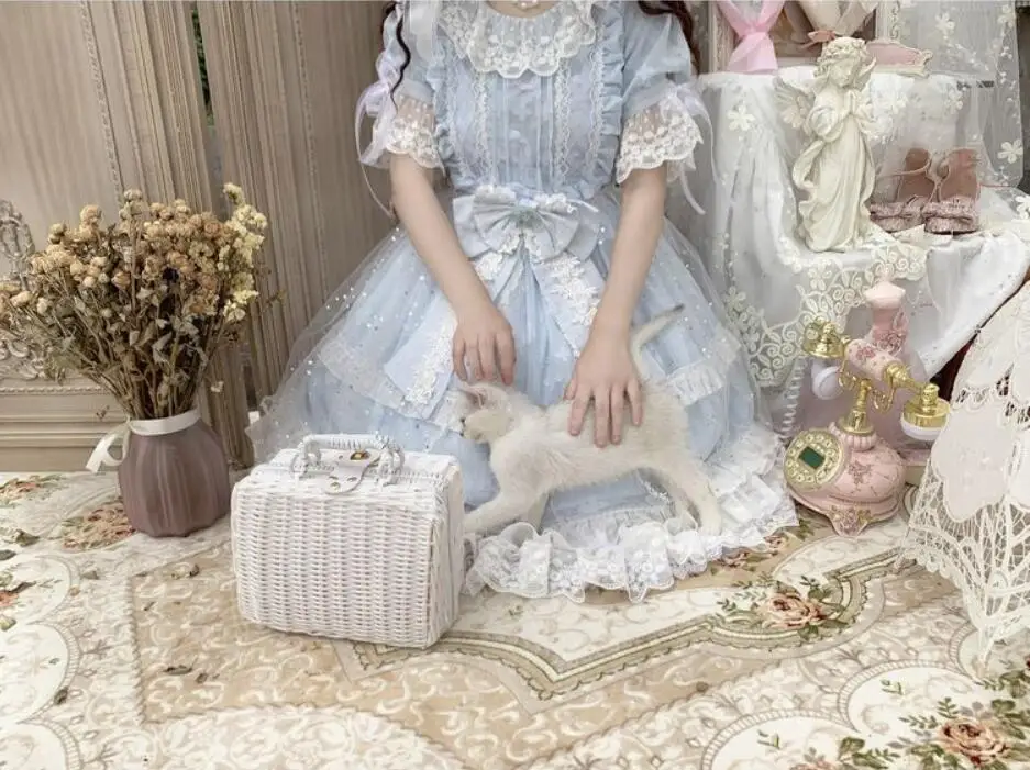 Ретро готический дворец Лолита op лоли cos сладкий платье в стиле «Лолита» летние kawaii для девочек свежий кружевной бант с О-образным вырезом платье в викторианском стиле
