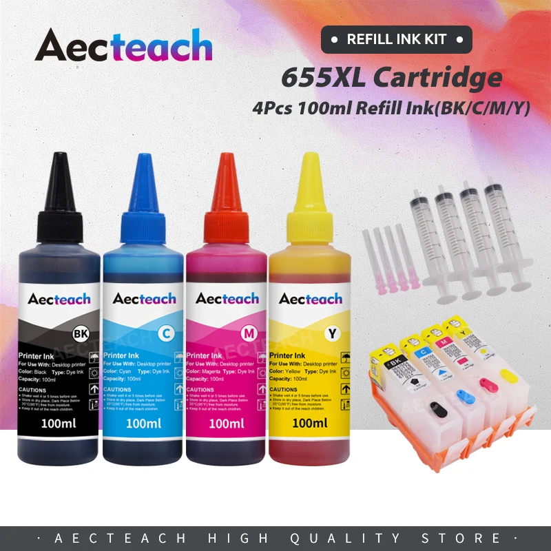 Aecteach-cartucho de tinta rellenable para impresora hp, 4 botellas de tinta compatibles con hp 655, deskjet 3525, 5525, 4615, 4625, 4525, 6520, 6525, 6625, nuevo