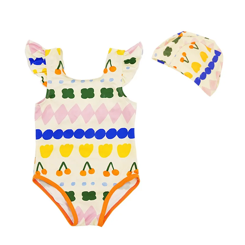 

2021 Summer Girls Swim Wears Baby Girl Clothing Vestidos Vetement Children Clothing Shorts Cute Ruffle Shorts Beach Shorts Caps