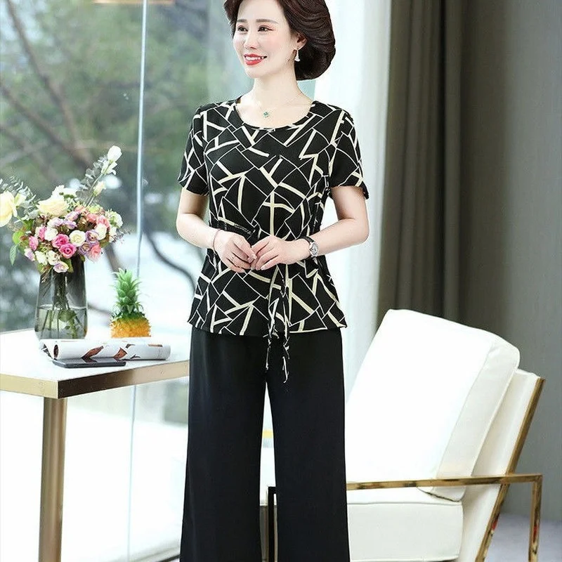 

Wide Leg Pants Suits Female 2021 New Summer Two-piece Set Womens Outfits Fashion Casual Chiffon Clothing Femme Mujer X114
