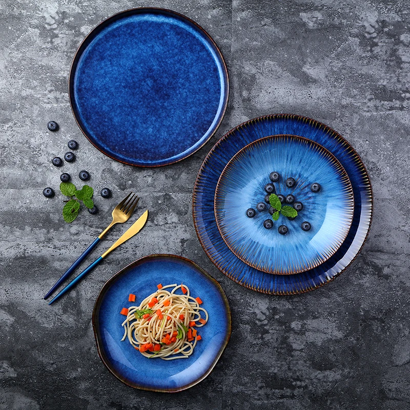 

Синий Керамика пластины стейк на ужин набор, Ретро стиль, творческий большой ужинная тарелка Nordic дизайн табулейру домашней посуды DI50CJ