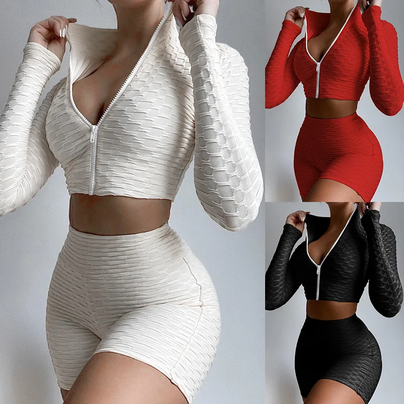 

Fashion Women Shorts Suits 2 Pieces Sets Long Sleeved V-neck Knit Coat+High Waist Shorts Female Bodycon Outfits Sportswear SU38