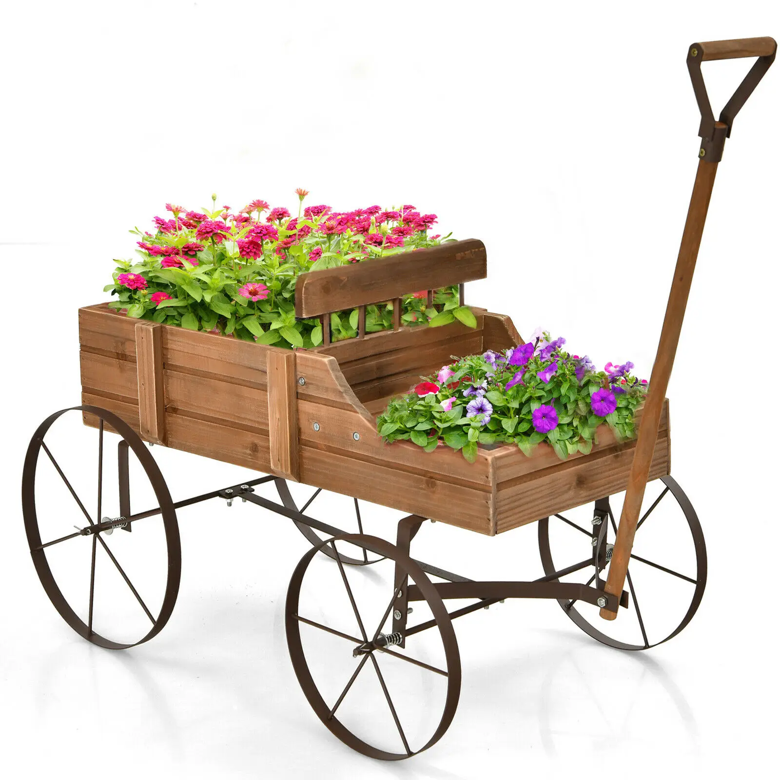 

Patiojoy Wooden Garden Flower Planter Wagon Plant Bed W/ Wheel Garden Yard Brown GT3662CF