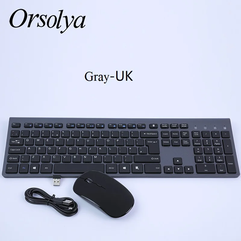 2,4G Беспроводная клавиатура и мышь комбо, Orsolya перезаряжаемый тихий полноразмерный для компьютера, ноутбука, настольного ПК, бесшумный серебристый+ белый