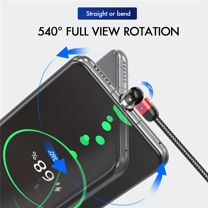 Магнитный кабель USLION 540 ° Micro USB Type C 3A для быстрой зарядки телефона зарядный Шнур