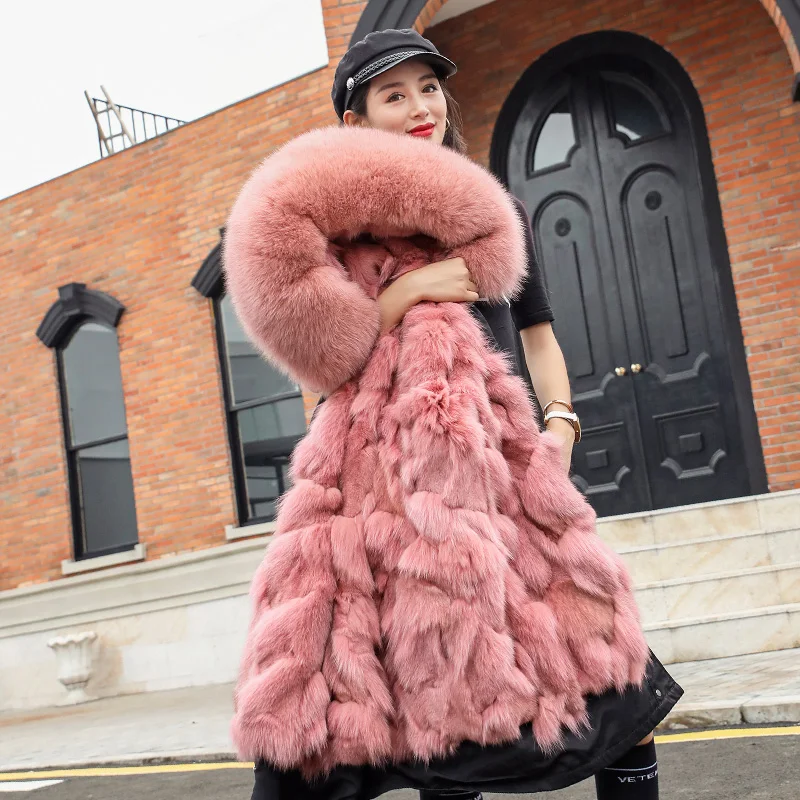 Вечерние зимние новинка 2020 лисий мех внутри пальто с капюшоном женские средней