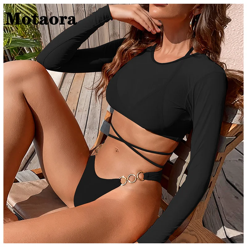 

Backless Thong Swimwear Women Sexy Metal Chain Micro Beachwear Solid Color Long Sleeve Swimsuit Three Pieces Bandage Bikinis Set