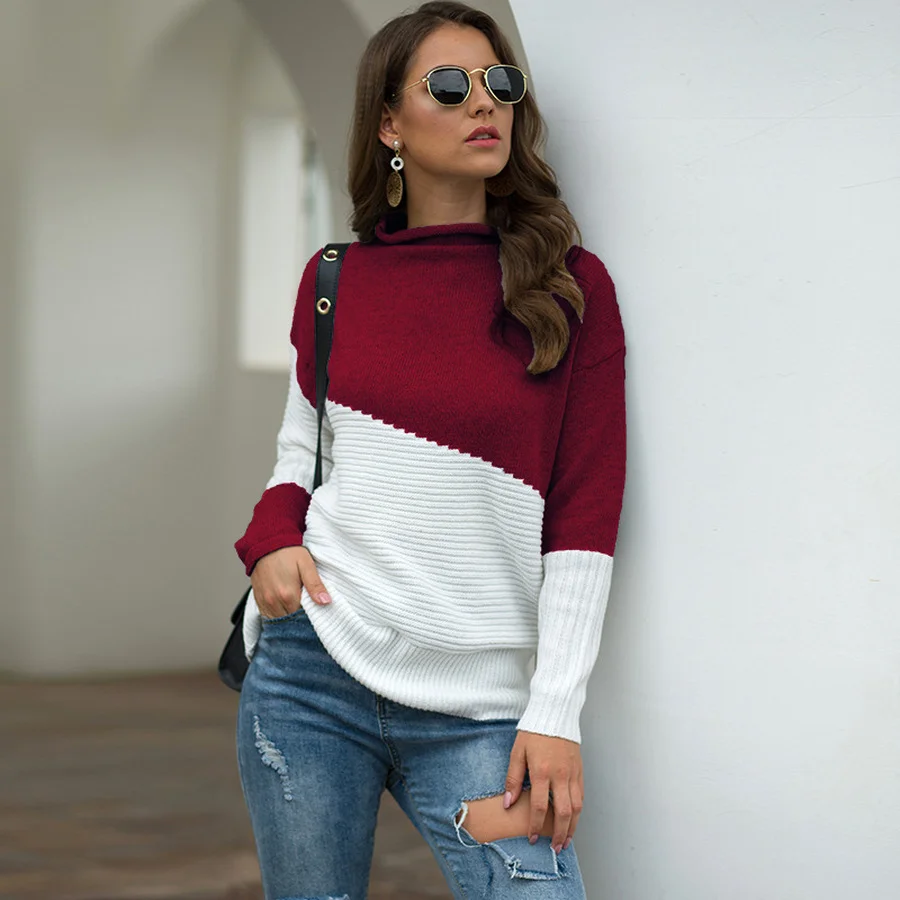 

BoozRey Long-sleeved Sweater for The Fall of 2021 The Latest Irregular Sleeves Curled Half-high Collar Contrast Pullover Sweater