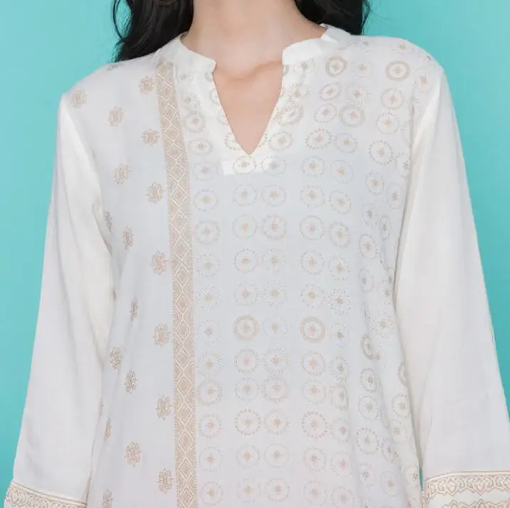 Новые женские модные комплекты в этническом стиле хлопок печати Индии Kurtas три четверти рукав длинный топ брюки