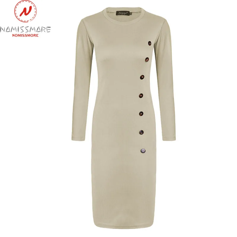 

Elegant Women Spring Autumn Dress Patchwork Design Button Decor O-Neck Long Sleeve Solid Color Slim Hips Pullovers Dress