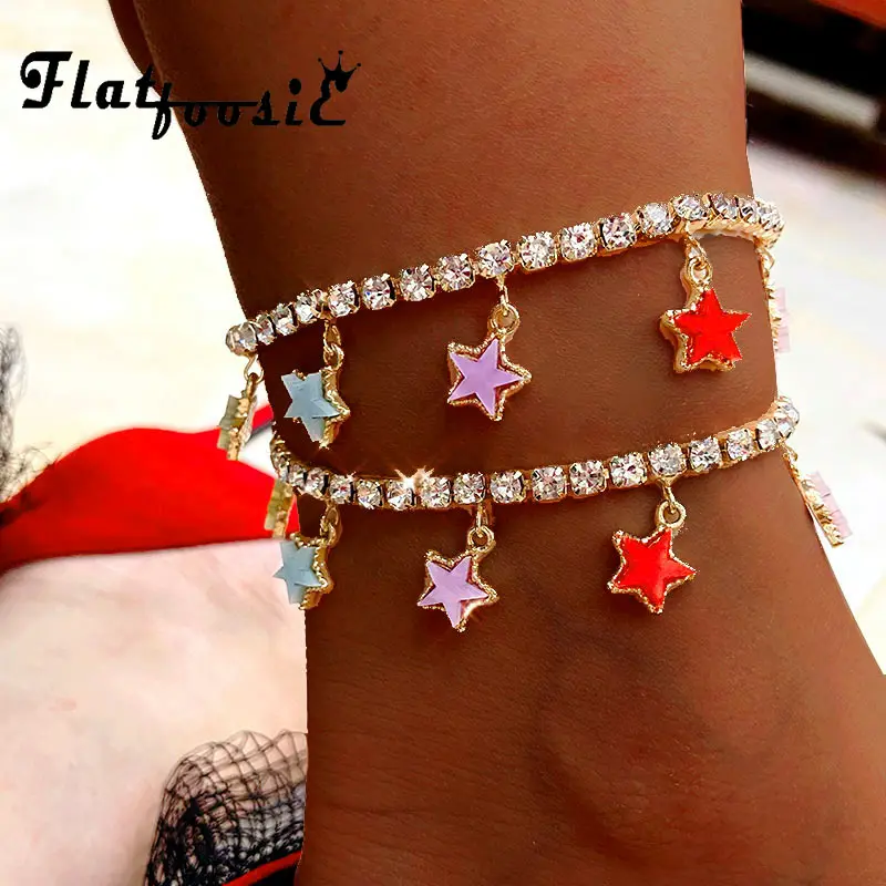 

Flatfoosie New Fashion Multicolor Stars Anklets Bracelets For Women Bling Crystal Chain Butterfly Anklets Summer Foot Jewelry