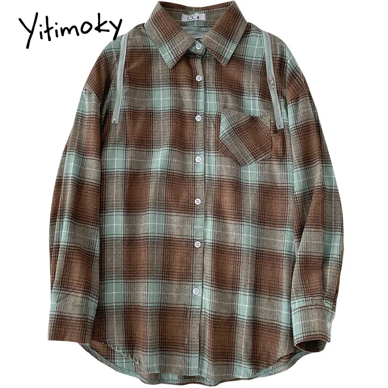 

Yitimoky Plaid Shirt Womens Tops Summer New Korean Fashion Button Up Harajuku Ladies Casual Long Sleeve Turn-down Collar Blouse