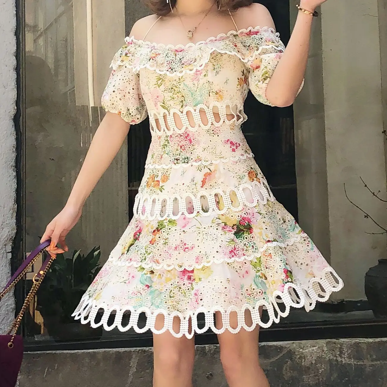 

waist New shoulder floral dress women s mid long new summer short sleeve sexy holiday
