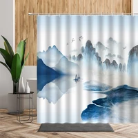 Chinese Ink Landscape Shower Curtain Set Forest Mountain Abstract Bathroom Decor Polyester Fabric Bathtub Curtains with Hooks