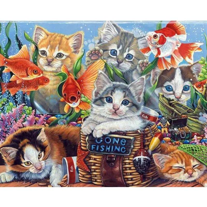 

5d Animal Diamond Painting Wall Art Handmade Cross Stitch Picture Home Decal Room Decor Cats & Fish Full Round Drill Embroidery