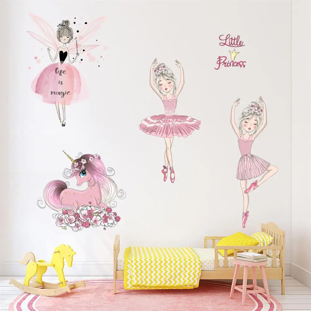 Fairy Ballet Girl Wall Stickers for Kids Girls Room Bedroom Decor Cute Cartoon Princess Nursery Wallpaper Decoartion | Дом и сад