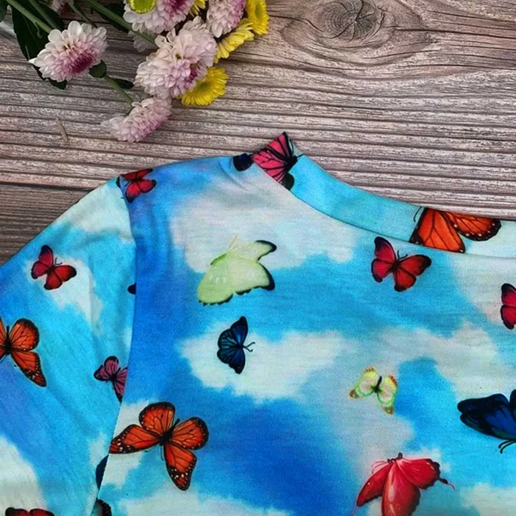 Женская футболка с принтом облаков и бабочек Пляжная Повседневная облегающая