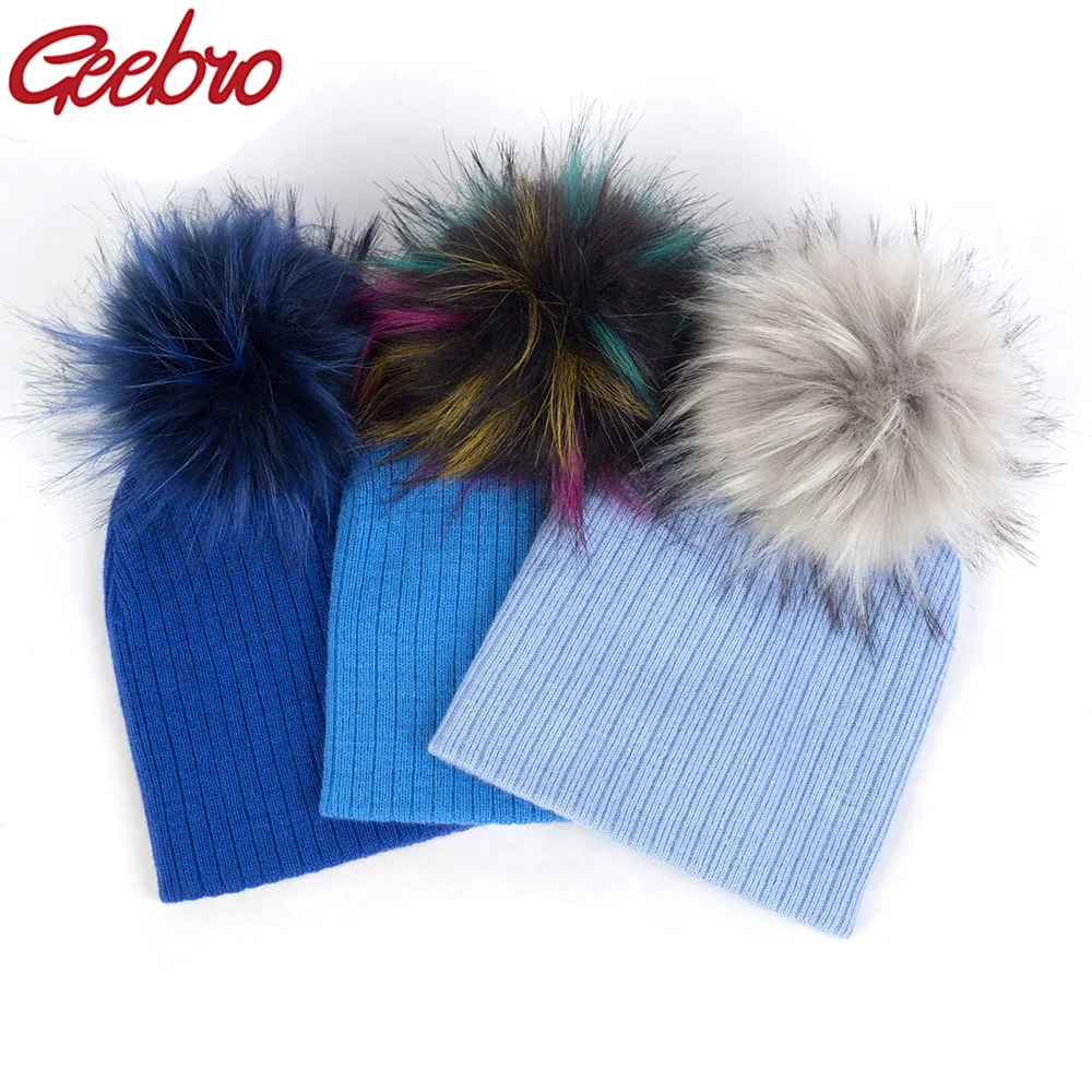 

Geebro Winter Fashion Baby Boys Girls Faux Fur pompom Hats Soft Caps Kids Childs Girls Wool Knitted Skullies Beanies