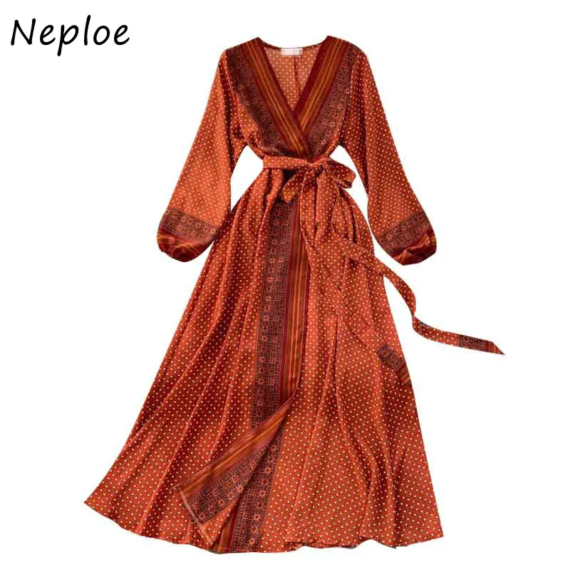 

Neploe Lantern Sleeve Chiffon Retro Print Drawstring Dress Women New Autumn Slim Waist Vestidos V-neck Elegant A-line Dresses