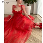 Verngo 2021 красное Тюлевое ТРАПЕЦИЕВИДНОЕ длинное платье для выпускного вечера с бантом, на бретельках, милое платье с объемными цветами и карманами