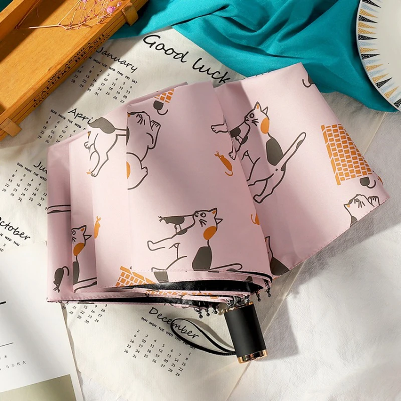 

Трехслойный Зонт женский ветрозащитный карандаш дождливые Зонты животное кошка черное покрытие мужской Карманный Зонт портативный дорожн...