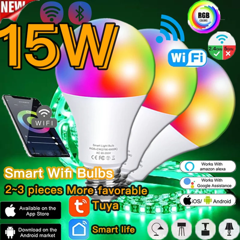 

15W E27 LED Smart Lamp Bulb Wifi Bluetooth /IR Remote Control Dimmable AC85-265V Nightlight Work with Alexa Google Assistant APP