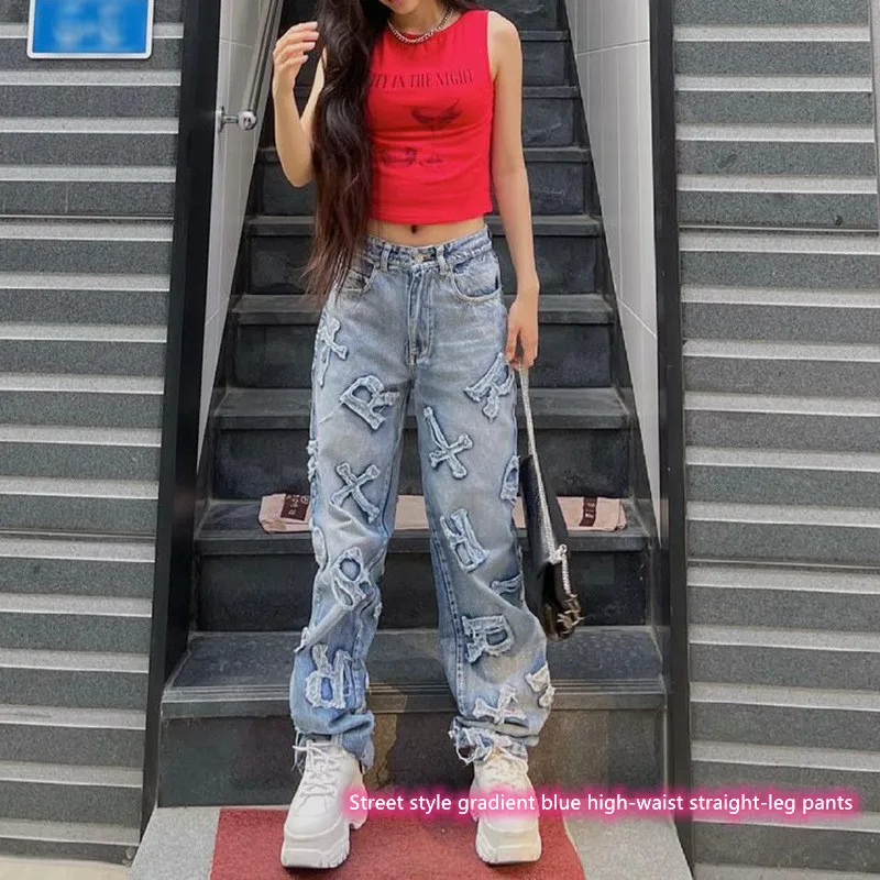 

Джинсы с нашивками в виде букв, новинка, индивидуальные градиентные синие прямые брюки с высокой талией в уличном стиле, женские джинсы, жен...