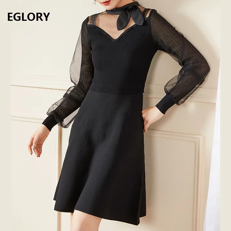

High Quality Knitted Dress 2020 Spring Women Sexy Tulle Mesh Patchwork Long Sleeve A-Line Black Pink Long Sweater Dress Knitwear
