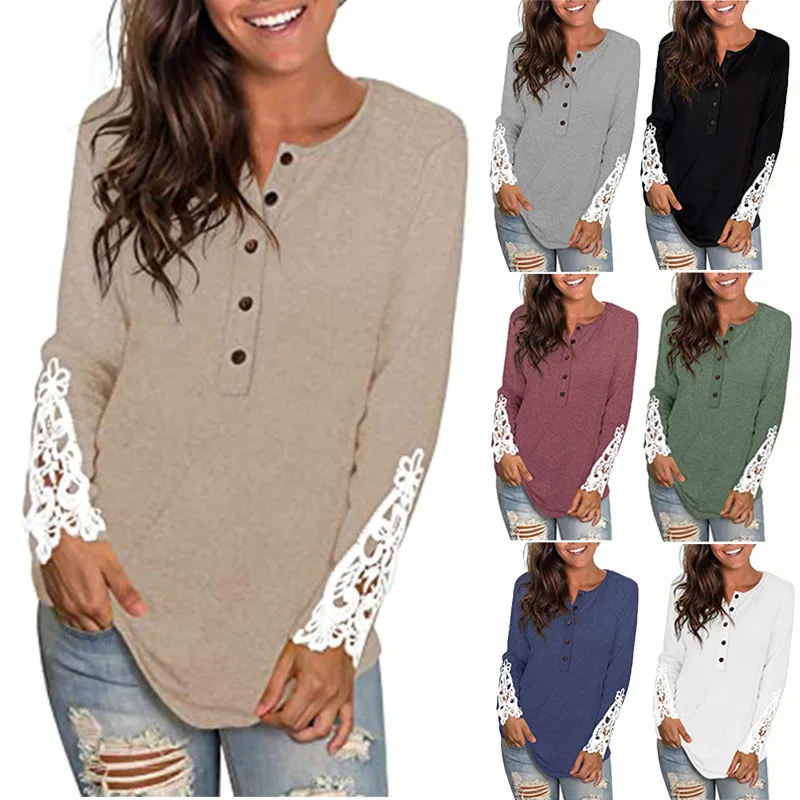 

New Cotton Round Neck Long Sleeve T-shirt Lace Button Top Women Solid Color Casual Ladies Large Big Loose Blouse Femme Clothes