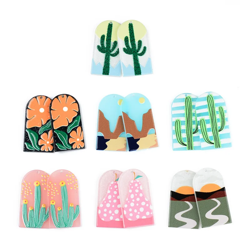 

6PCS Cactus Valley Pear Sun Relief Oil Painting Jewelry Accessories Hand Made Earrings Connectors DIY Pendant Components Charms