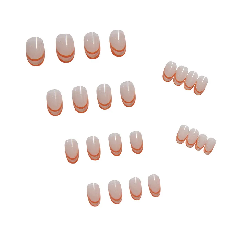 

24pcs Orange Lines Printed Nail Patch Round Head Glue Type Removable Long Paragraph Fashion Manicure False Nails Patch CIN6 899
