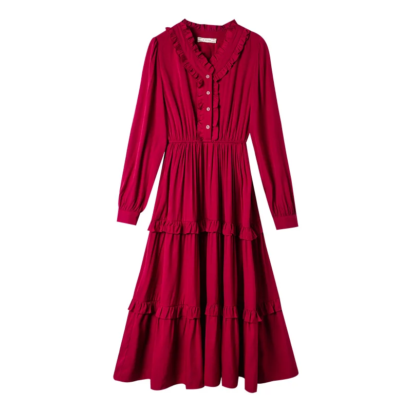 

Red Dress 2021 Spring Korean Style High Waist Slim Dress V-neck Lantern Sleeves Single-breasted Stacked Ruffles Solid Midi Dress