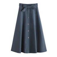 new autumn 2021 womens midi long vintage korean fashion skirt high waist slim elastic waist tie bow single breasted skirt